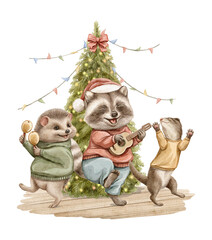 Vintage cartoon cute composition with several animals hedgehog, raccoon, and ferret in clothes characters dancing near Christmas tree isolated on white background. Watercolor hand drawn illustration