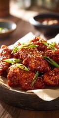 Fototapeta premium Deliciously Crispy Asian Style Chicken Wings with Sesame and Green Onions