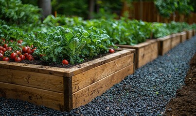 Raised wooden garden beds filled with fresh produce