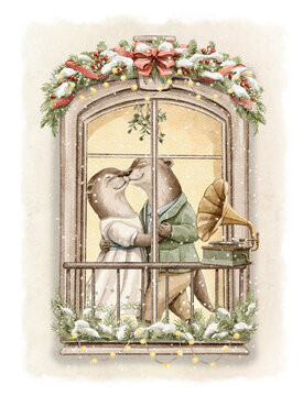 Vintage cartoon cute Christmas composition with pair couple of otters animals dancing in clothes characters, viewed outside window isolated on white background. Watercolor hand drawn illustration