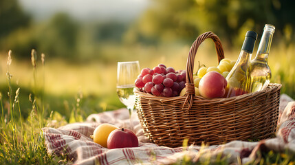 Elegant picnic scene with fruit wine and basket amidst lush greenery creating a serene summer outing atmosphere capturing refreshing outdoor lifestyle with healthy and delicious