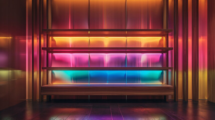 A striking empty retail display shelf is dramatically illuminated by vibrant neon lights in orange, pink, and blue, creating a futuristic and captivating backdrop for products in a modern and dynamic 