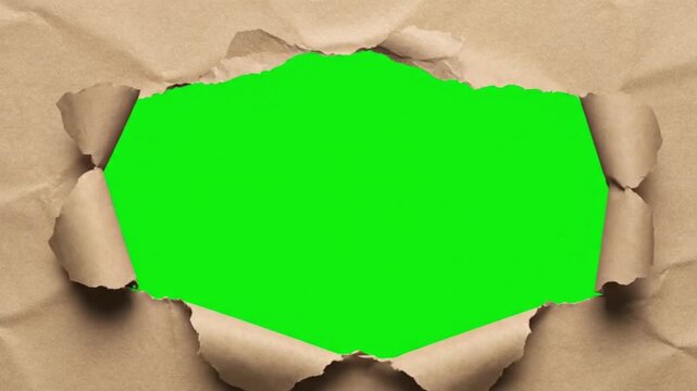 Animated sticker of paper torn effect opening in the middle, realistic rip motion, loopable, background pure green screen, unique transition overlay