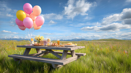 Pastel Balloons Picnic Scenic Meadow Celebrate Outdoors Festive Picnic Party Food On Picnic Table Balloons Picnic Scene Summer Time Picnic in the Countryside