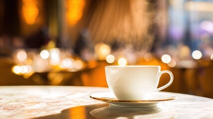 Fototapeta premium Steaming latte cup on rustic cafe table, highlighting cozy morning moments