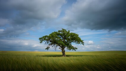 Obraz premium Serene solitary oak tree in a vast green field under a dramatic sky.