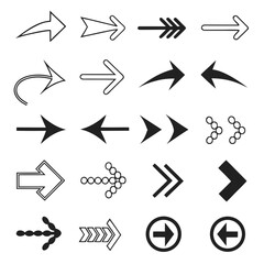 Collection of black and white arrow icons pointing in various directions and styles symbol graphic