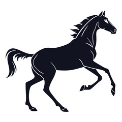 A powerful dark silhouette of a majestic horse in mid gallop captured in a dynamic pose with its mane and tail flowing representing freedom and strength