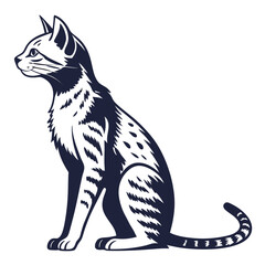 A striking dark blue silhouette of a graceful wild cat with distinctive spotted markings and striped tail sits attentively on a white background evoking a sense of elegance and mystery