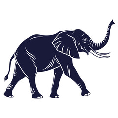 Obraz premium Majestic dark blue silhouette of a walking elephant with its trunk raised high in a powerful display of strength and presence against a clean white background