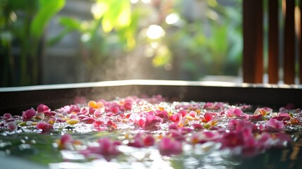 Warm water with pink petals floating, steam rising in a wooden tub outdoors.