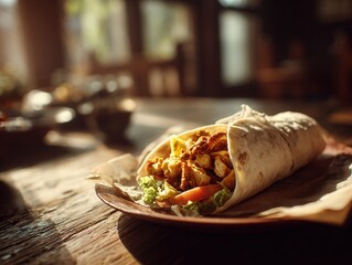 Delicious Chicken Wrap on a Rustic Wooden Table with Natural Lighting
