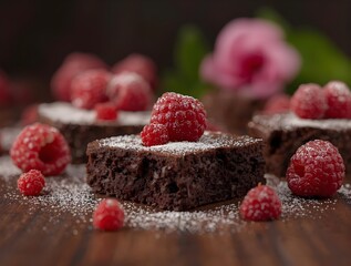 Chocolate cake with raspberries and mint on a plate