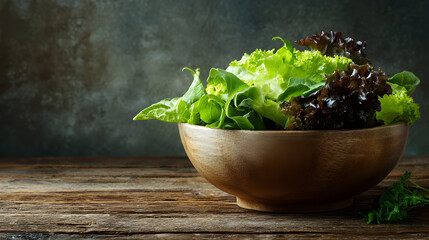 Fresh Salad Delight Organic Green Lettuce Bowl on Rustic Wooden Table for healthy culinary concept and culinary inspiration featuring leafy vegetables and raw ingredients for