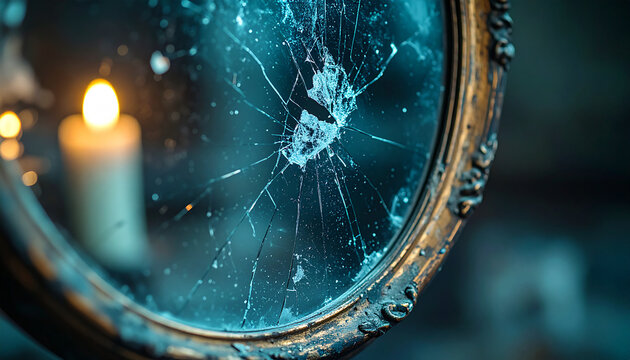 Dusty old mirror with faint ghostly reflection, cracked glass, blurred candlelit background.
