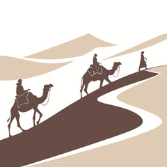 Silhouettes of three figures on camels journeying across a stylized desert landscape with rolling sand dunes under a pale sky representing travel and adventure