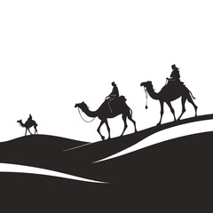 Silhouette of three camels with riders traversing sand dunes in a desert landscape under a vast white sky symbolizing travel and journey