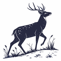 A majestic dark blue stag with white spots walks gracefully through tall grass and reeds on a white background in a stylized silhouette illustration