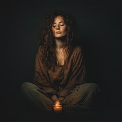 Peaceful Young Woman Meditating with Eyes Closed by Candlelight