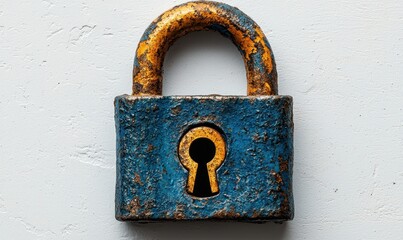 An aged, blue padlock with golden highlights