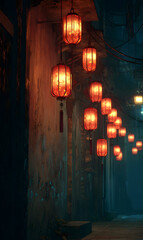Illuminated red chinese lanterns hanging in rows along a rustic old street a display of cultural heritage and vibrant traditions symbolizing good fortune prosperity and