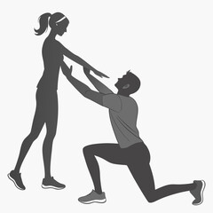 A man and woman in silhouette performing a fitness exercise together with the man kneeling and the woman standing demonstrating teamwork and healthy lifestyle