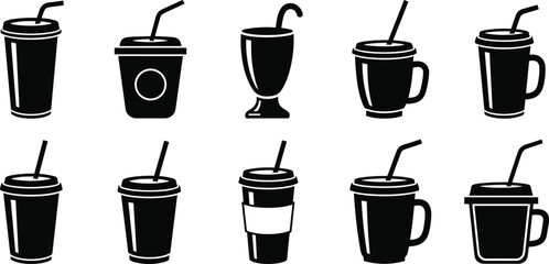 Collection of Black Silhouette Icons of Disposable Cups and Glasses with Straws illustration