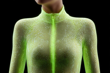 Close-up of a woman in a skin-tight neon green mesh top. The garment features a zip down the front. The background is solid black.