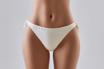 Torso featuring a low-waisted bottom garment with side tie details. The model has tan skin against a light gray backdrop, providing a minimalistic style.