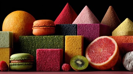 Hyperrealistic colorful food arranged perfectly on a dark background, questioning reality