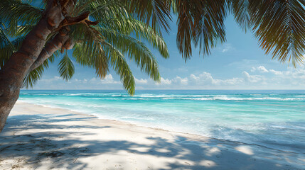 Seascape paradise backdrop with palm trees and blue water under bright sunny weather a tranquil beach scene perfect for vacation visuals and scenic wallpapers or summer concept