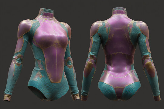 Futuristic Bodysuit: Metallic lavender and teal bodysuit with intricate textured details, ideal for a space adventurer or intergalactic warrior.