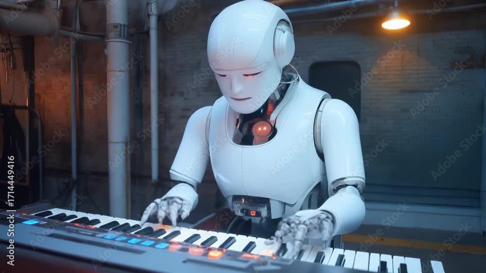 Poster white humanoid robot playing electronic keyboard in dimly lit industrial space with exposed pipes an