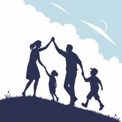 Joyful family of four silhouetted against a bright blue sky with fluffy clouds and abstract shapes celebrating togetherness on a grassy hill with a high five gesture representing unity and happiness
