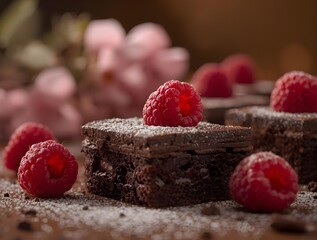 Chocolate cake with raspberries and mint on a plate