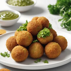 Fototapeta premium Plate of fried falafel balls and parsley leaves isolated on white background.