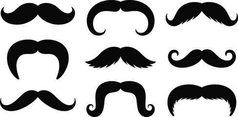 Collection of varied mustache silhouettes on white background diverse styles
