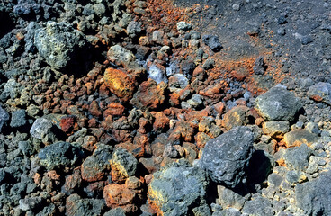 Historisches Farbfoto von Gesteinsbrocken auf dem Lavafeld des Ätna auf der Insel Sizilien, unmittelbar nach den exzentrischen Vulkanausbrüchen im Juli 2001, Italien, 14.Sep. 2001