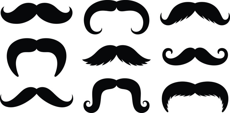 Collection of varied mustache silhouettes on white background diverse styles