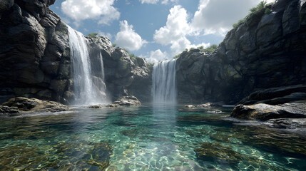 Majestic waterfalls cascading into a serene pool surrounded by rocky cliffs scenic natural landscape with clear water reflecting the sky for travel destination or nature escape