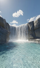 Serene waterfall cascading into crystal clear pool surrounded by rocky cliffs scenic landscape with flowing water nature tranquility idyllic beauty natural wonder picturesque vista