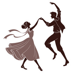 Elegant silhouette of a couple dancing gracefully in vintage attire a woman in a flowing dress and a man in classic clothing captured in a moment of joyful movement and romantic connection
