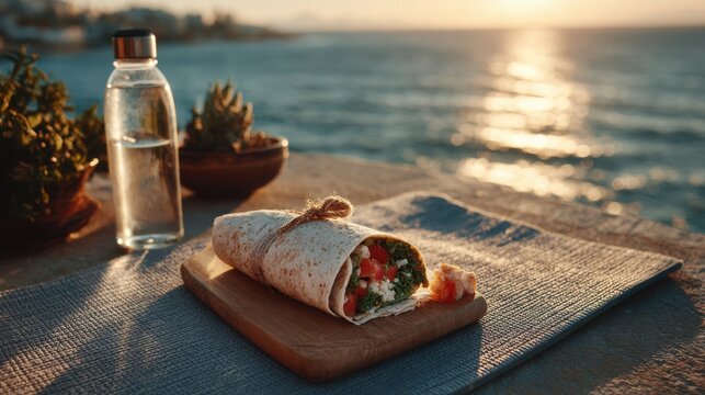 A delicious fitness-inspired breakfast wrap with lean protein is presented on a wooden board with ocean view, promoting a healthy and active lifestyle.