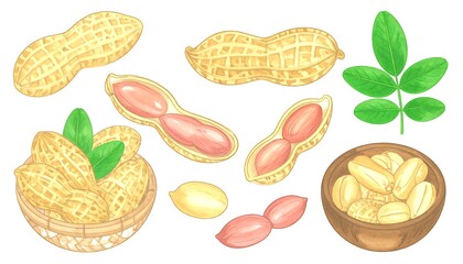 Illustrated peanuts in shells and a basket