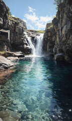 Naklejka premium Scenic waterfall cascading through rugged rocks into a pristine pool serene nature landscape with clear turquoise water flowing downstream surrounded by rock formations idyllic