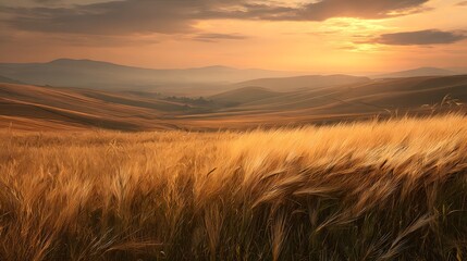 Obraz premium Vast golden wheat field at sunset soft golden light