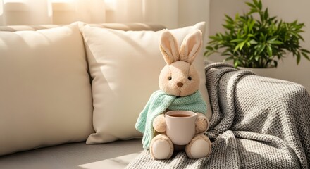 Adorable plush bunny rabbit wearing knitted scarf holding warm coffee cup while sitting on gray blanket sofa with green plant in sunlight, cozy minimal home lifestyle and soft morning comfort