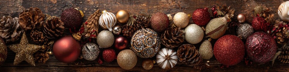 A beautiful flat lay arrangement of assorted Christmas ornaments and natural pinecones displayed on rustic wooden background creates a festive holiday vibe.