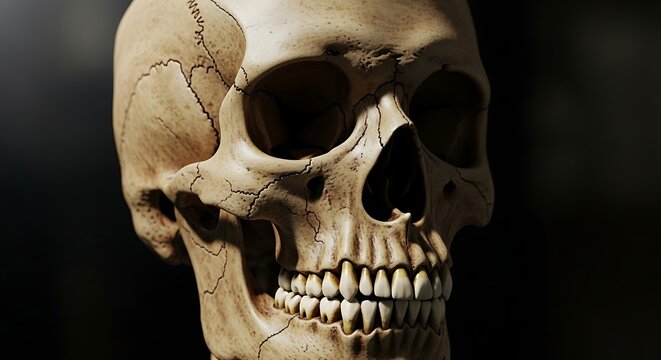 Realistic human skull with detailed bone structure and shadows.