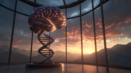 Human brain and dna helix model against sunset background science and medicine concept illustration art